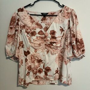 Express Women's Floral Blouse - Pink and Brown - Garden Whimsy Vibe
